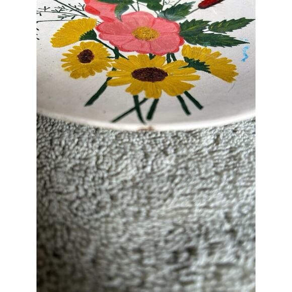 Antique Leather Board Hand Painted Floral Pansy Sun Flowers Round Wall Hangings - Picture 4 of 9